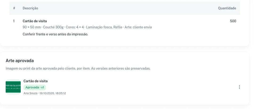 Arte aprovada anexada a um item da ordem de serviço